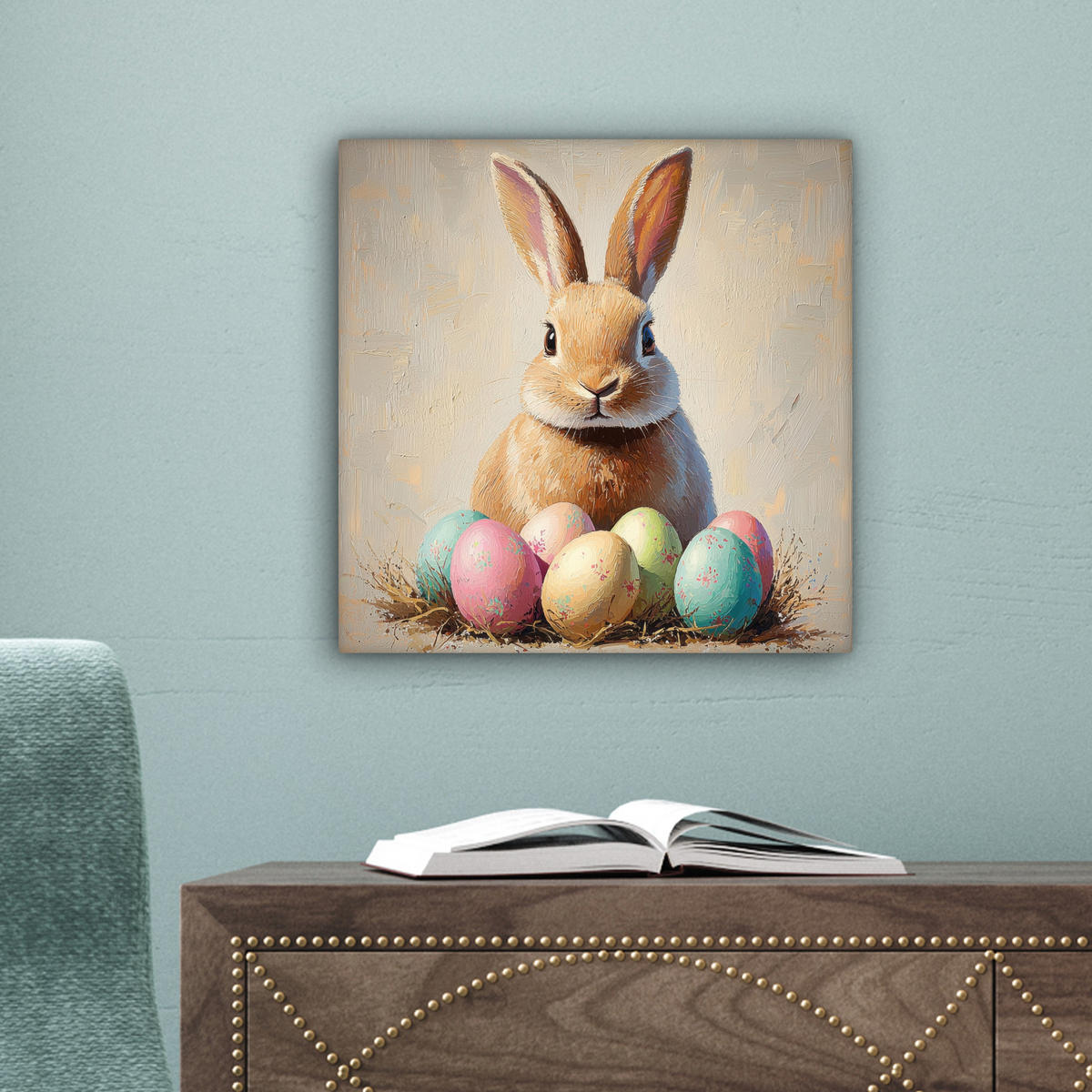 LEINWANDBILD Osterhase - Pastell - Eier Deko Wohnzimmer 20x20 cm - Beige, Textil (20/20cm) - MuchoWow