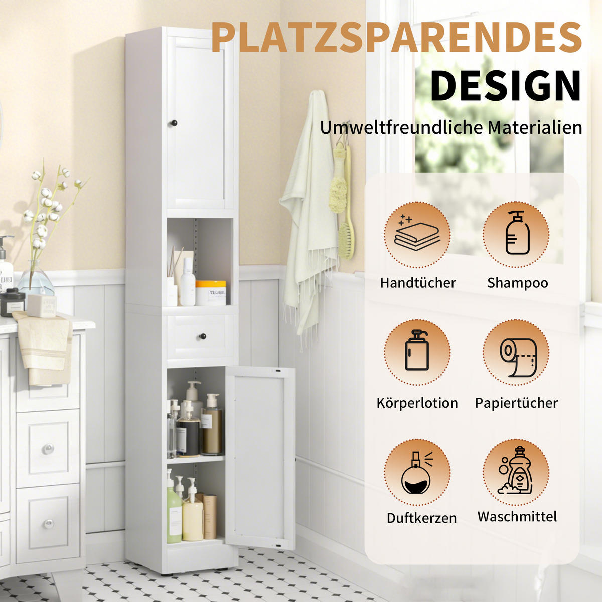 BADEZIMMERSCHRANK Weiß Hochschrank 5 Ebenen 2 Türen - Weiß, Holzwerkstoff (30/180/30cm) - Urban Meuble
