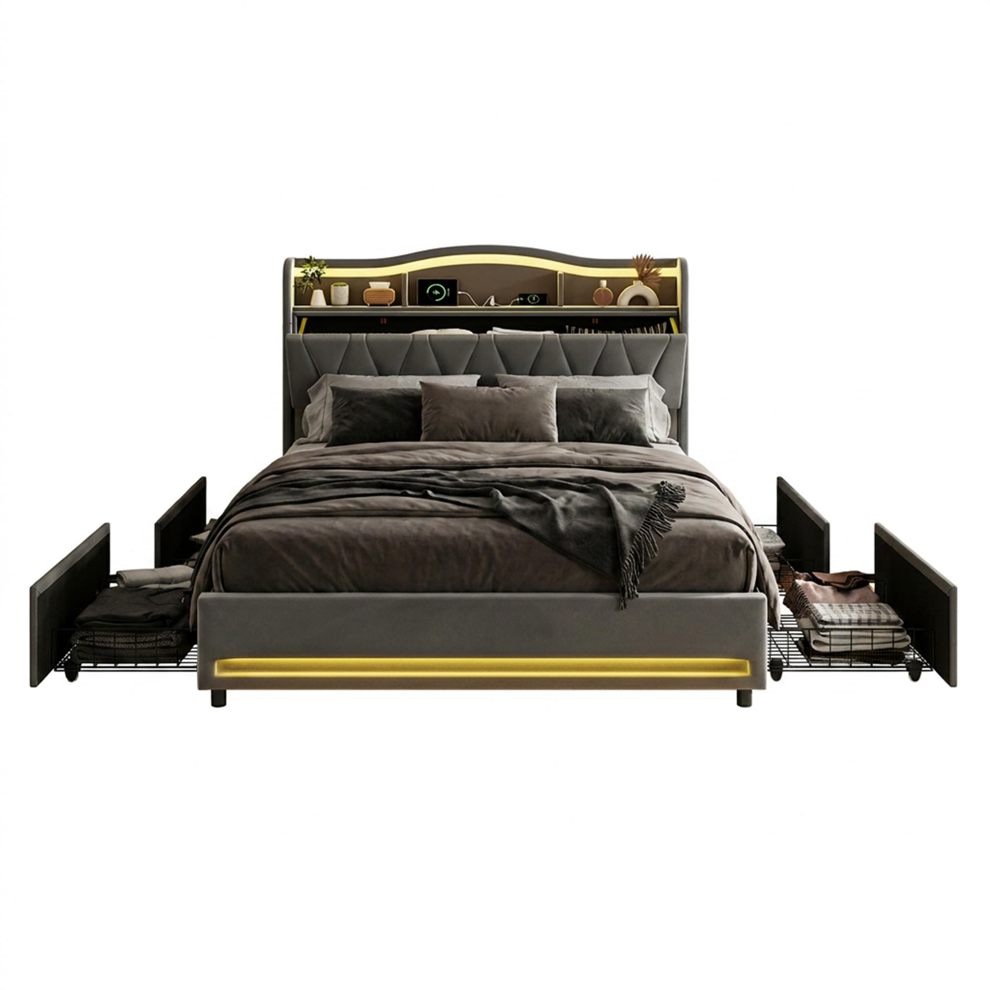 POLSTERBETT 140x200 mit stauraum, doppelbett mit LED, 4 Schubladen, Lattenrost, USB, Kopfteil, Samtstoff, Grau - Grau, Holz/Textil (140/200cm) - GENKI LIVING