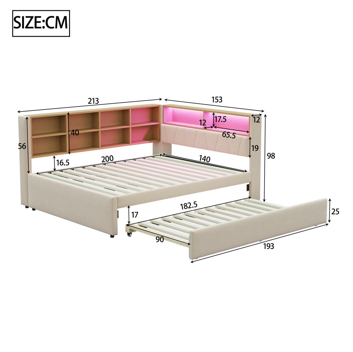 KREVET 140/200 cm s izvlačnim ležajem 90/190 cm, LED osvjetljenjem i USB priključcima, Bež - bež, tekstil (213/98/153cm) - Redom