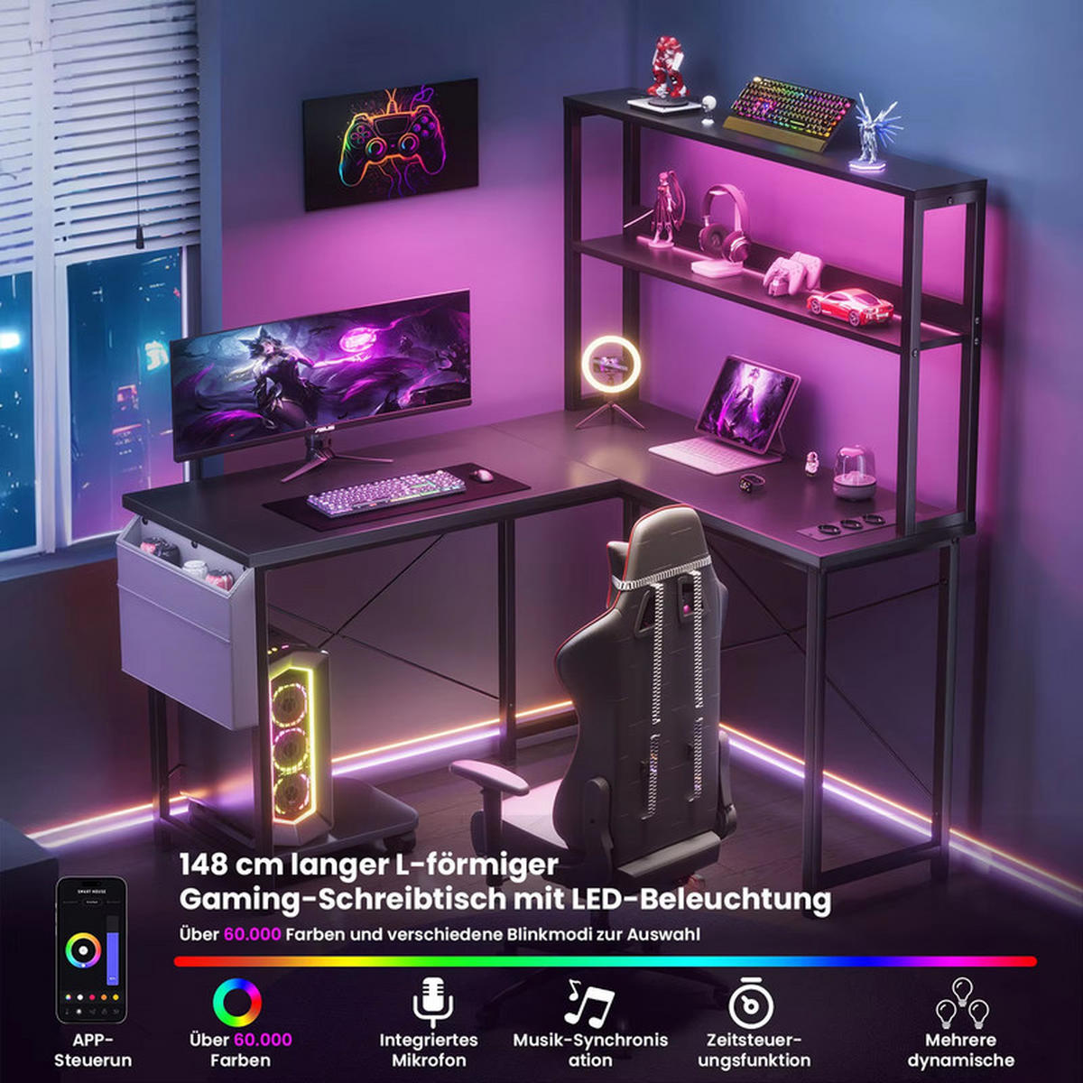 L-COMPUTERTISCH 148 cm mit RGB Beleuchtung Steckdose Schwarz - Schwarz, Holz (135/48/148cm) - Kaket