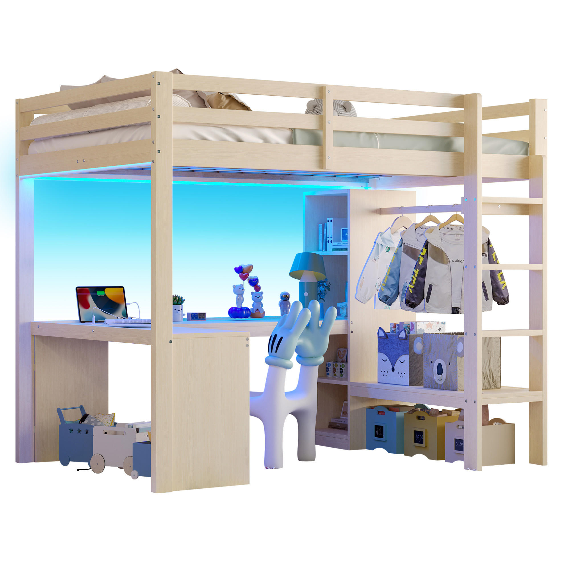 HOCHBETT 140/200 cm aus Massivholz und MDF mit Schreibtisch, LED, USB, Regalen und offenem Kleiderschrank, Natur - Naturfarben, Holzwerkstoff (140/200cm) - Redom
