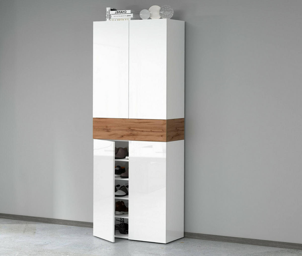 SCHUHSCHRANK Glänzendes Weiß, Eiche 38/76/200 cm - Weiß, Holzwerkstoff (76/200/38cm) - DMORA