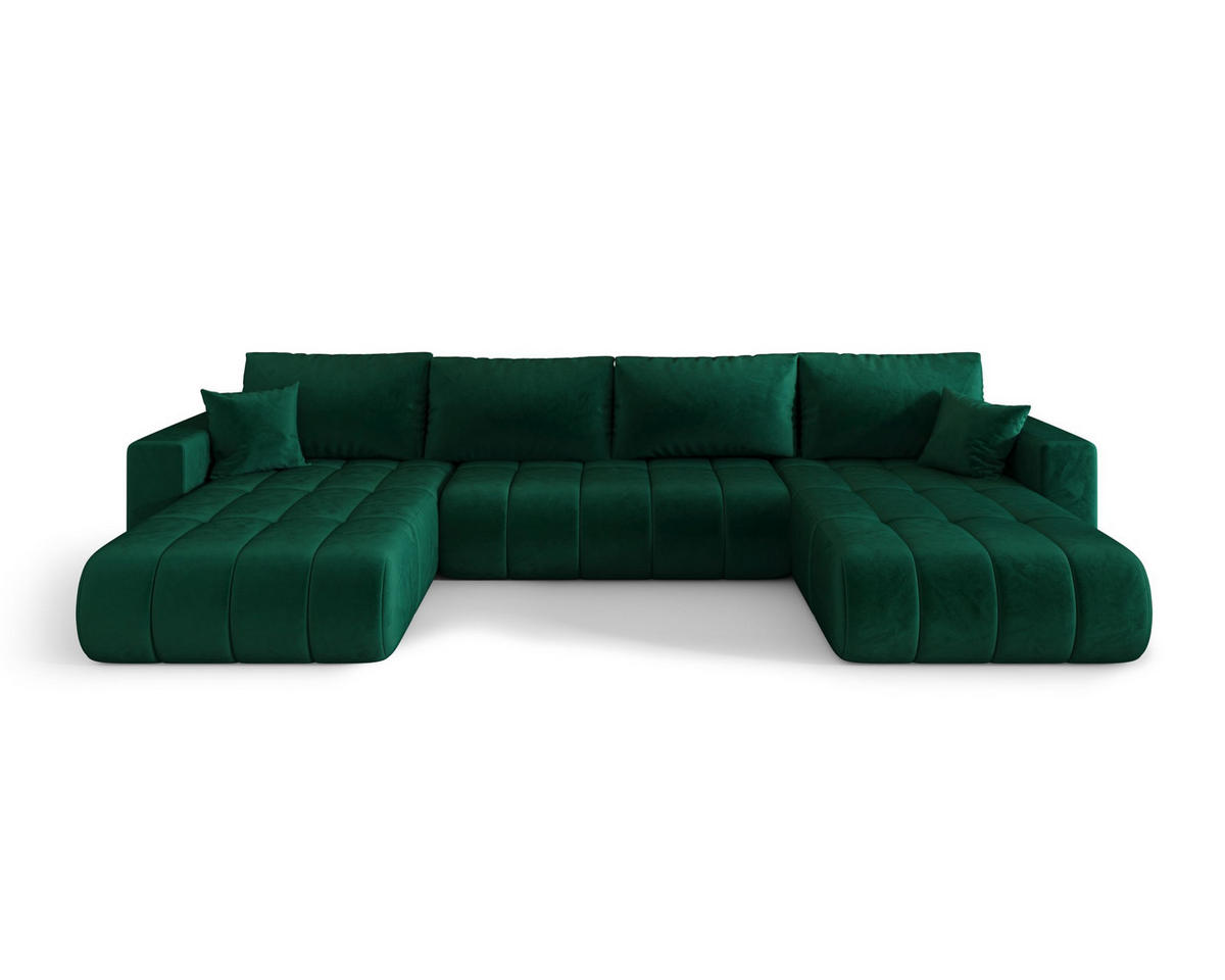 ROHOVÁ pohovka LARA PREMIUM tvar U zelená samet Monolith 37 - funkce spaní, úložný prostor - zelená barva, textil (385/175cm) - Cornero