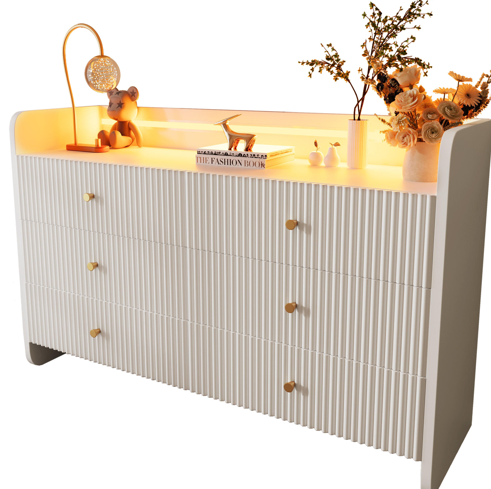 SIDEBOARD 120/40/75 cm in Weiß mit 6 Schubladen und LED-Beleuchtung - Weiß, Holzwerkstoff (120/75/40cm) - Flora Grace