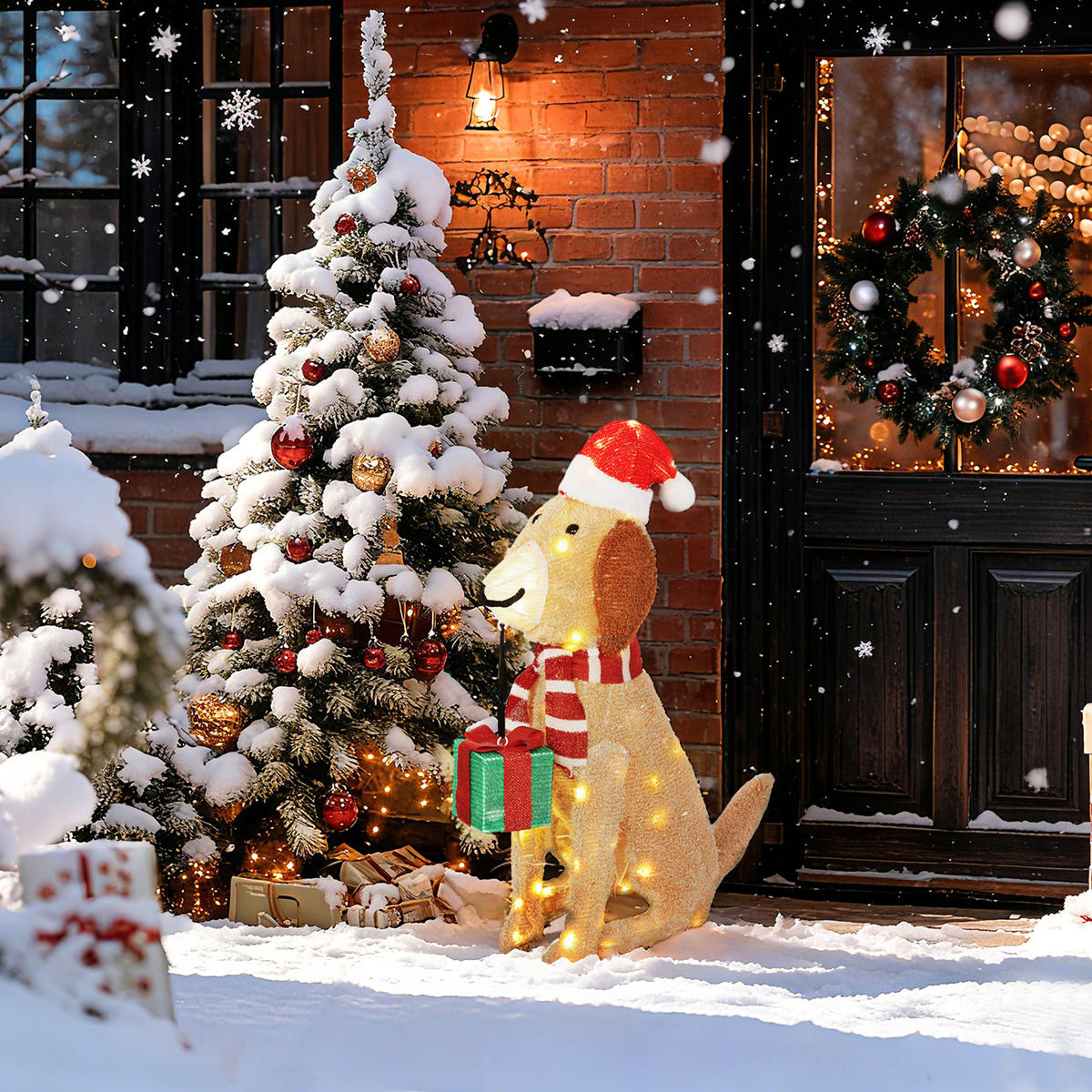 WEIHNACHTSDEKORATION Beleuchteter Weihnachtswelpe mit 74 warmweißen LED-Lichtern - Gelb, Textil (20/70/64cm) - Outsunny