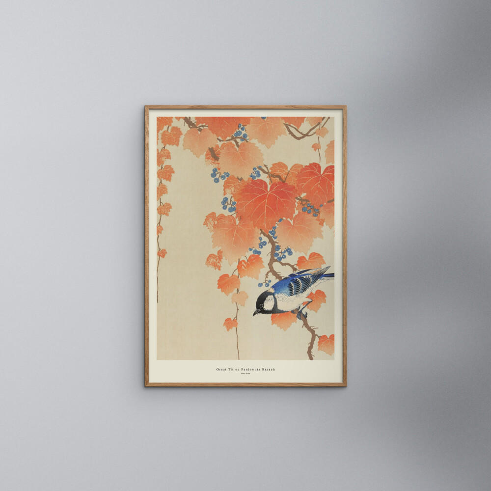 POSTER mit Rahmen A.P. Atelier - Great Tit on Paulownia Branch - Eichefarben/Orange, Holz/Papier (50/70cm) - Poster&Frame