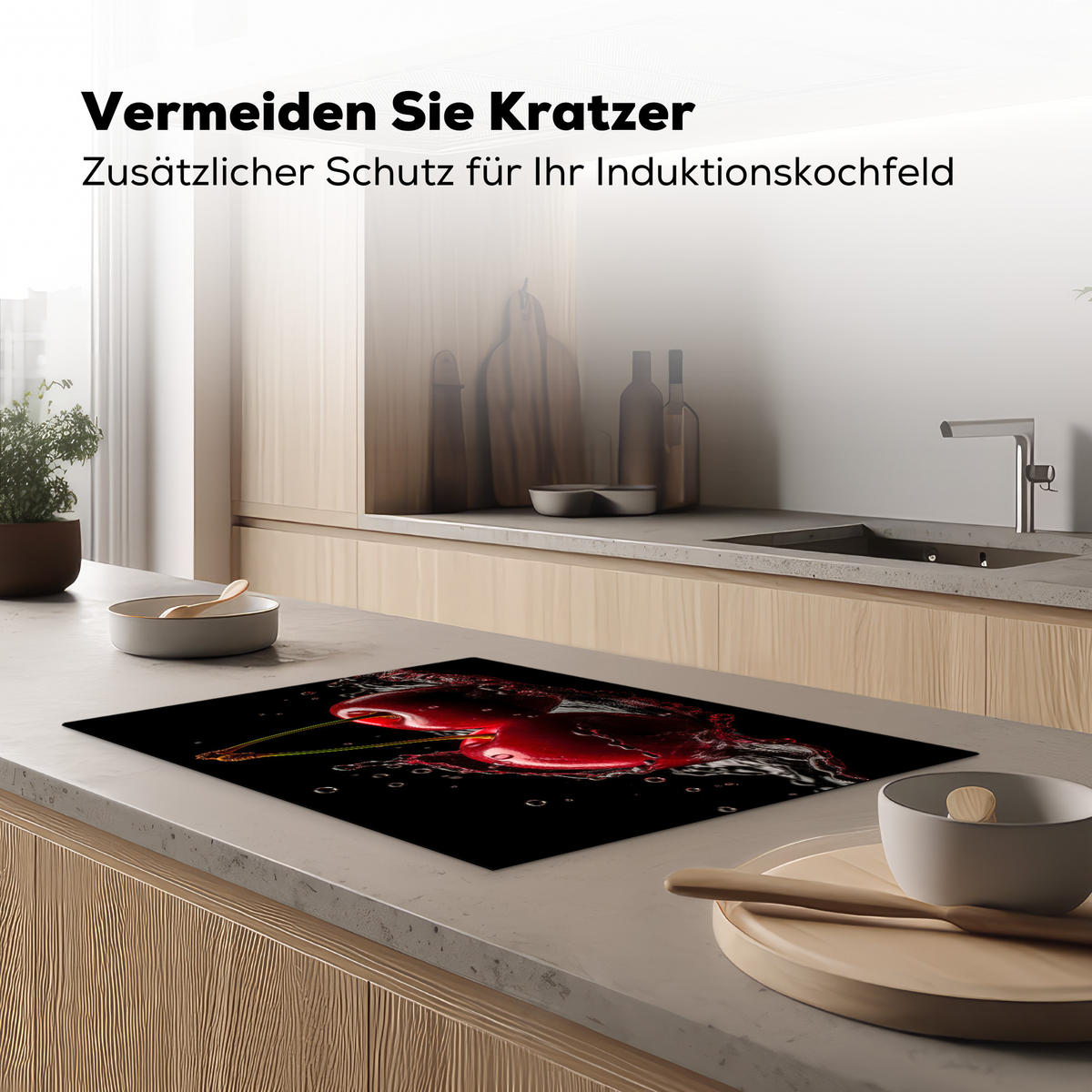 HERDABDECKPLATTE Kirsche - Rot - Frucht - Wasser - Schwarz Herdabdeckung Induktionsfeld 75x52 cm - Kirschrot, Kunststoff (75/52/0.2cm) - MuchoWow