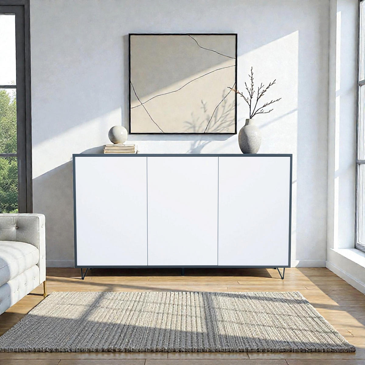 SIDEBOARD Elisa, Kommode mit Push-to-Open, Made in Germany, Moderner Schrank, Anthrazit matt/Weiß matt (152,5 x 90,5 x 37 cm) - Weiß, Holzwerkstoff (152.5/90.5/37cm) - InnoFurn