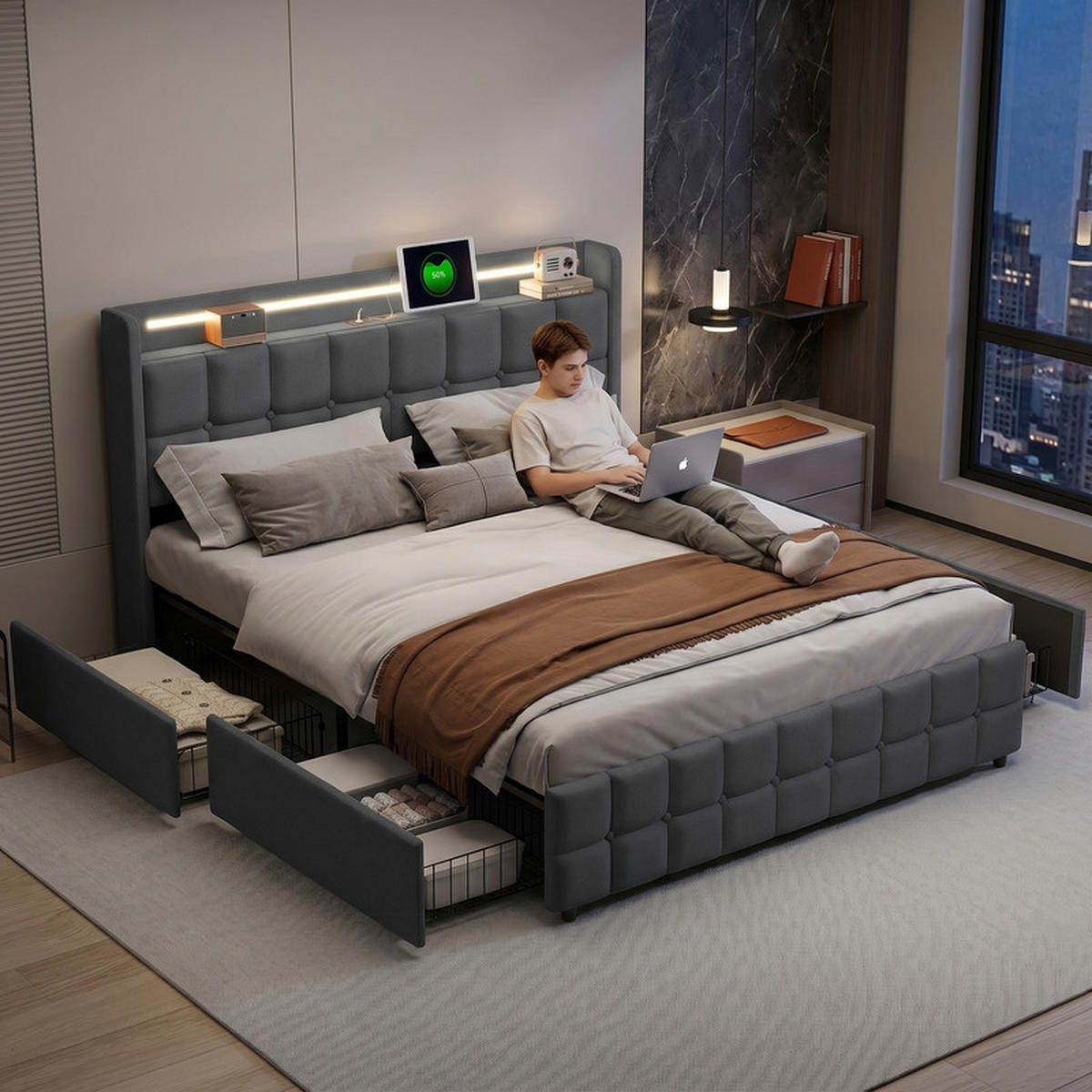 POLSTERBETT 160/200 cm grau mit Schubladen, LED und USB - Grau, Holz