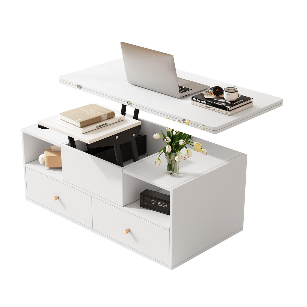 COUCHTISCH 100/50/47,5 cm höhenverstellbar mit Klappfunktion und 4 Schubladen - Weiß, Holzwerkstoff (100/50/47.5cm) - Flora Grace