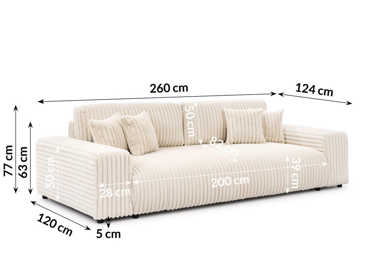 BIGSOFA Mollis Hellbeige Plüschcord mit Schlaffunktion - Beige/Schwarz, Holz/Kunststoff (260/77/124cm) - S-Style Möbel