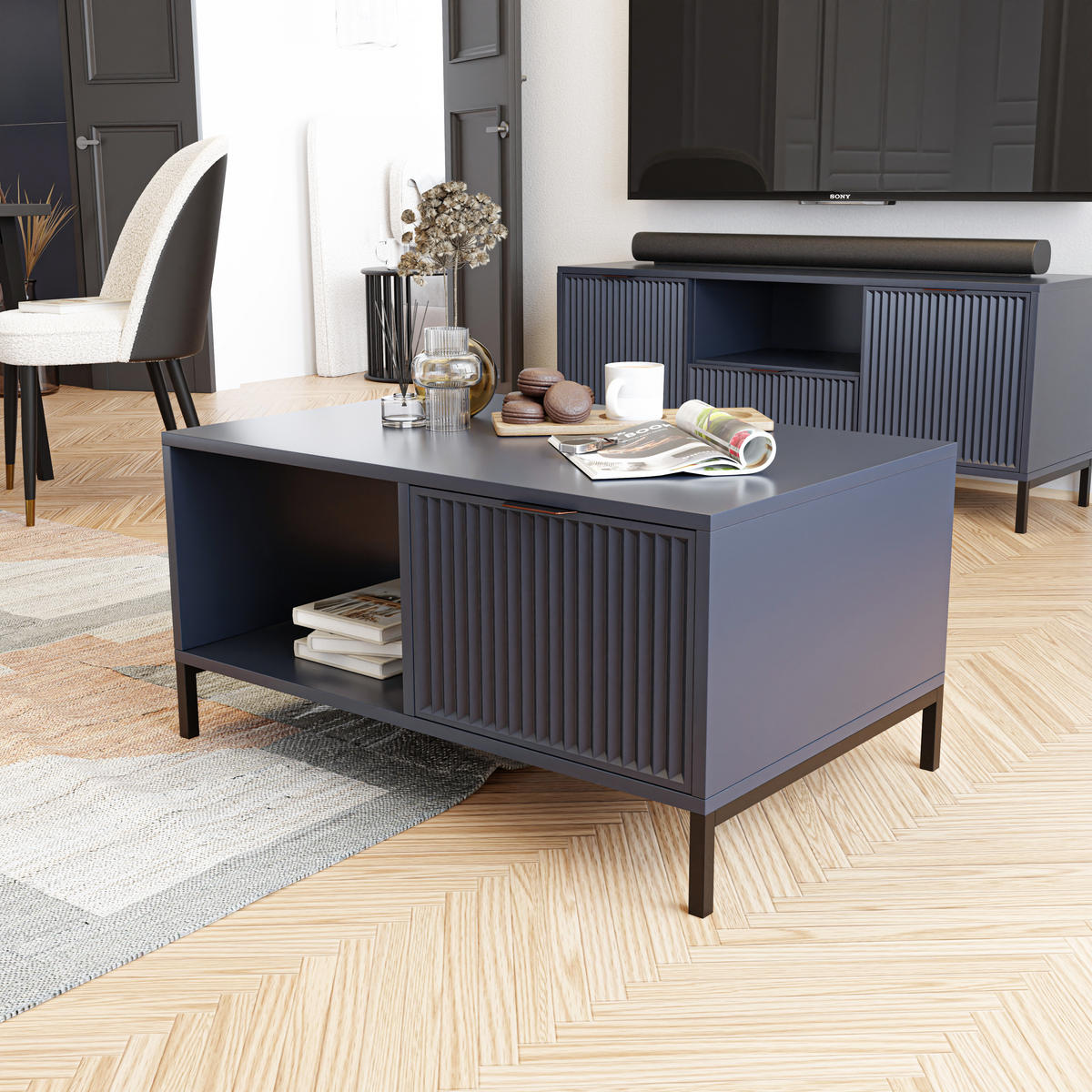 COUCHTISCH WAVE Modern mit Schublade, Blau - Schwarz/Dunkelblau, Holzwerkstoff/Metall (58/90/45.5cm) - Idohome