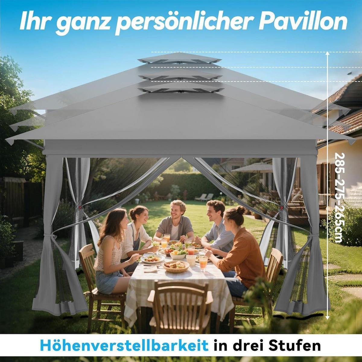GARTENPAVILLON Pop Up 4x4m Grau mit Moskitonetz - Grau, Metall (400/285/400cm)