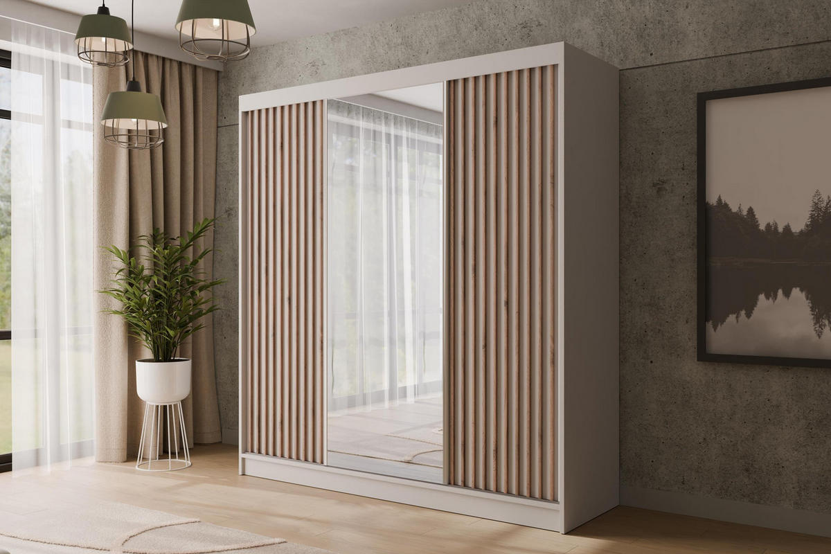 KLEIDERSCHRANK mit Spiegel V2-ZENTI 215x200 cm Weiß - Weiß, Holzwerkstoff (200/215/61cm) - ALTDECOR