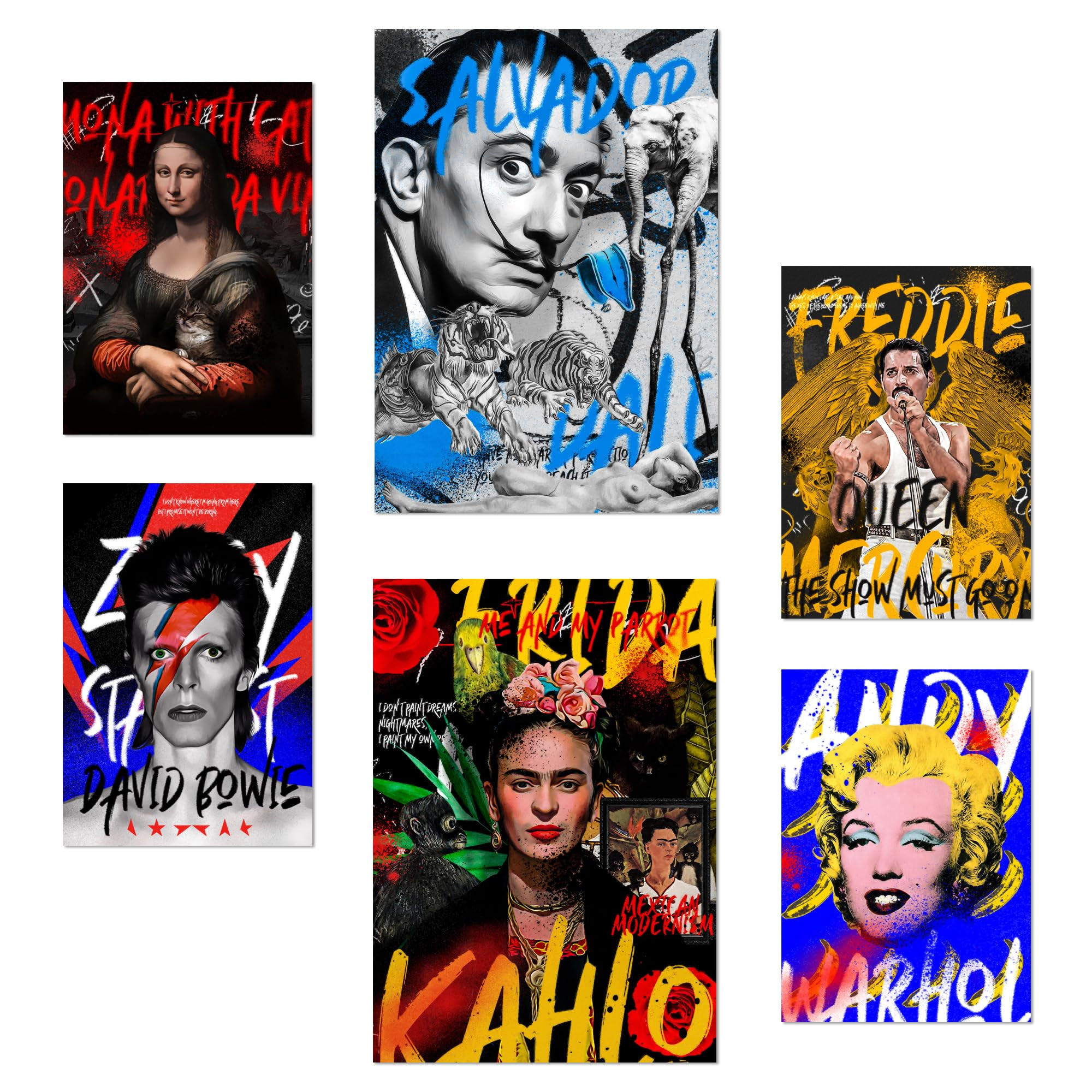 POSTER Set Mit 6 Iconico Graffiti Pop Frida Dali Mercury Bowie Marilyn Laden & Geschäft A3 & A4 Rahmenlos - Klar, Papier (29/3cm) - Nacnic