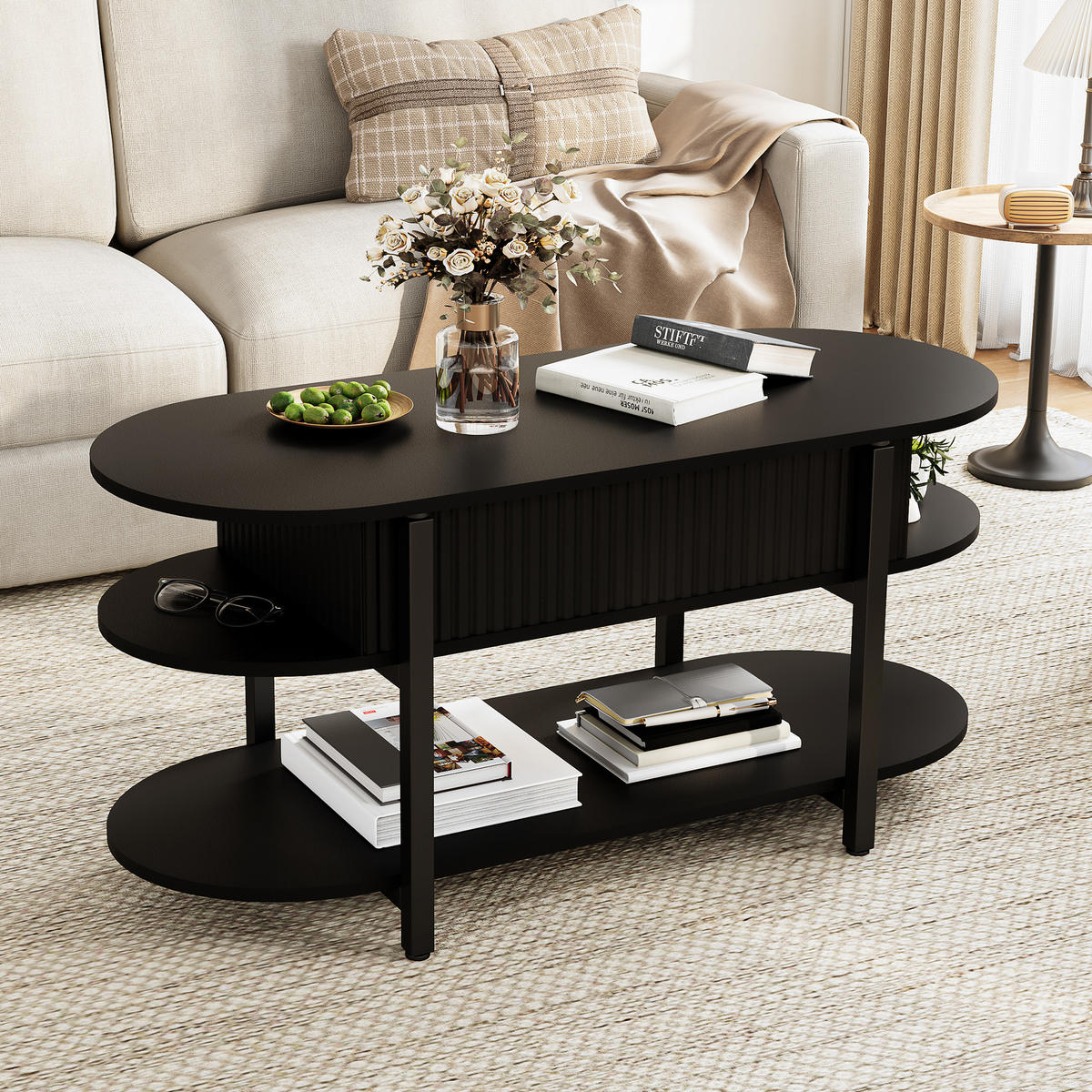 COUCHTISCH schwarz oval mit Hebefunktion und Stauraum - Schwarz, Metall (44/106/63cm) - Joyfair