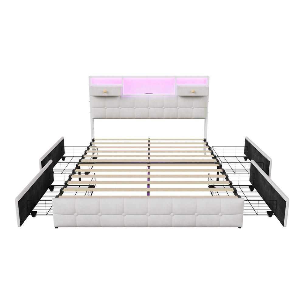POLSTERBETT 160x200 cm mit LED-Beleuchtung - USB-Ladefunktion und 6 Schubladen - ohne Matratze - Beige - Beige, Textil (160/200cm) - DELFA