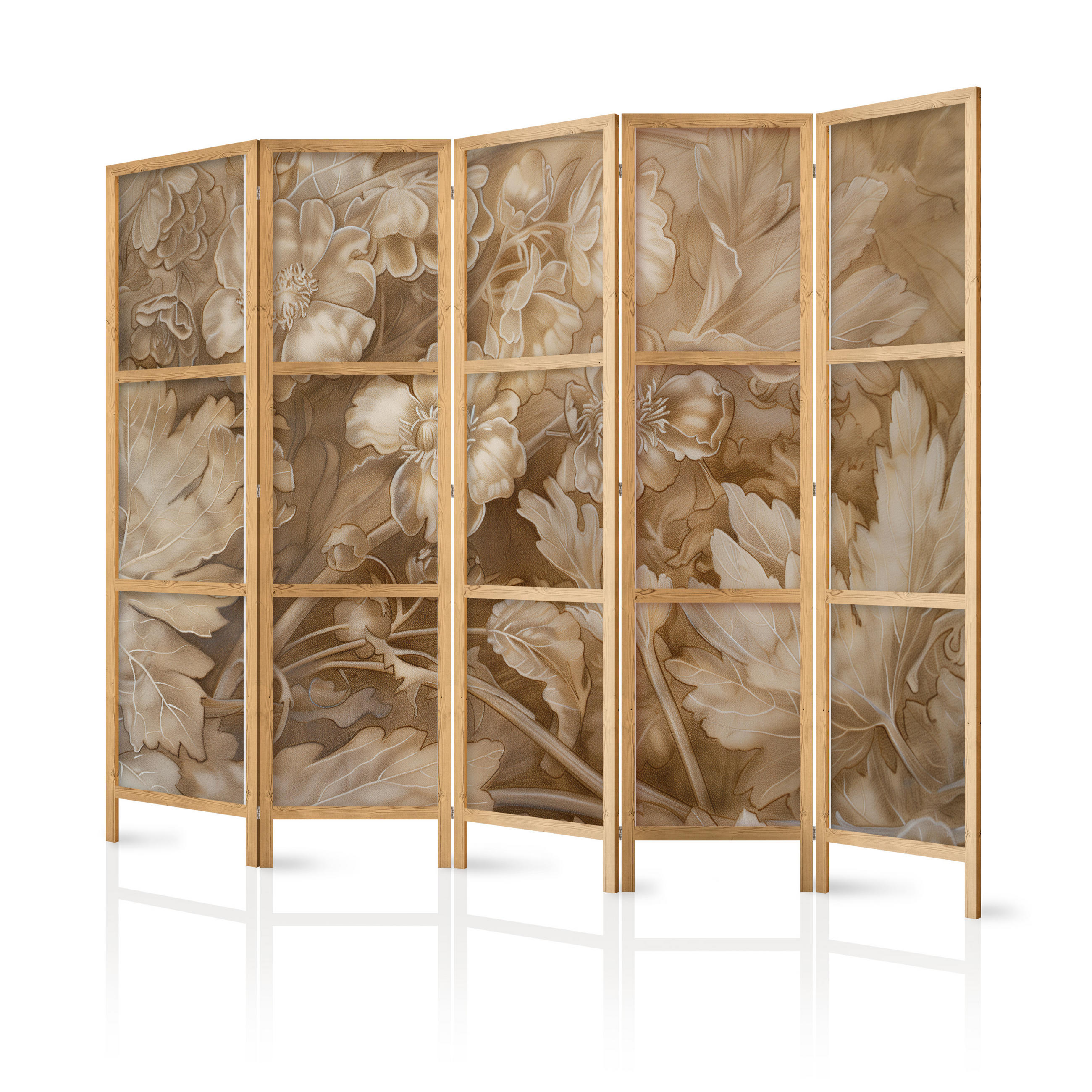 PARAVENT Japanischer 5-tlg 225x172 cm Retro Pflanzen - Braun, Holz/Textil (225/172/3cm) - Muralo
