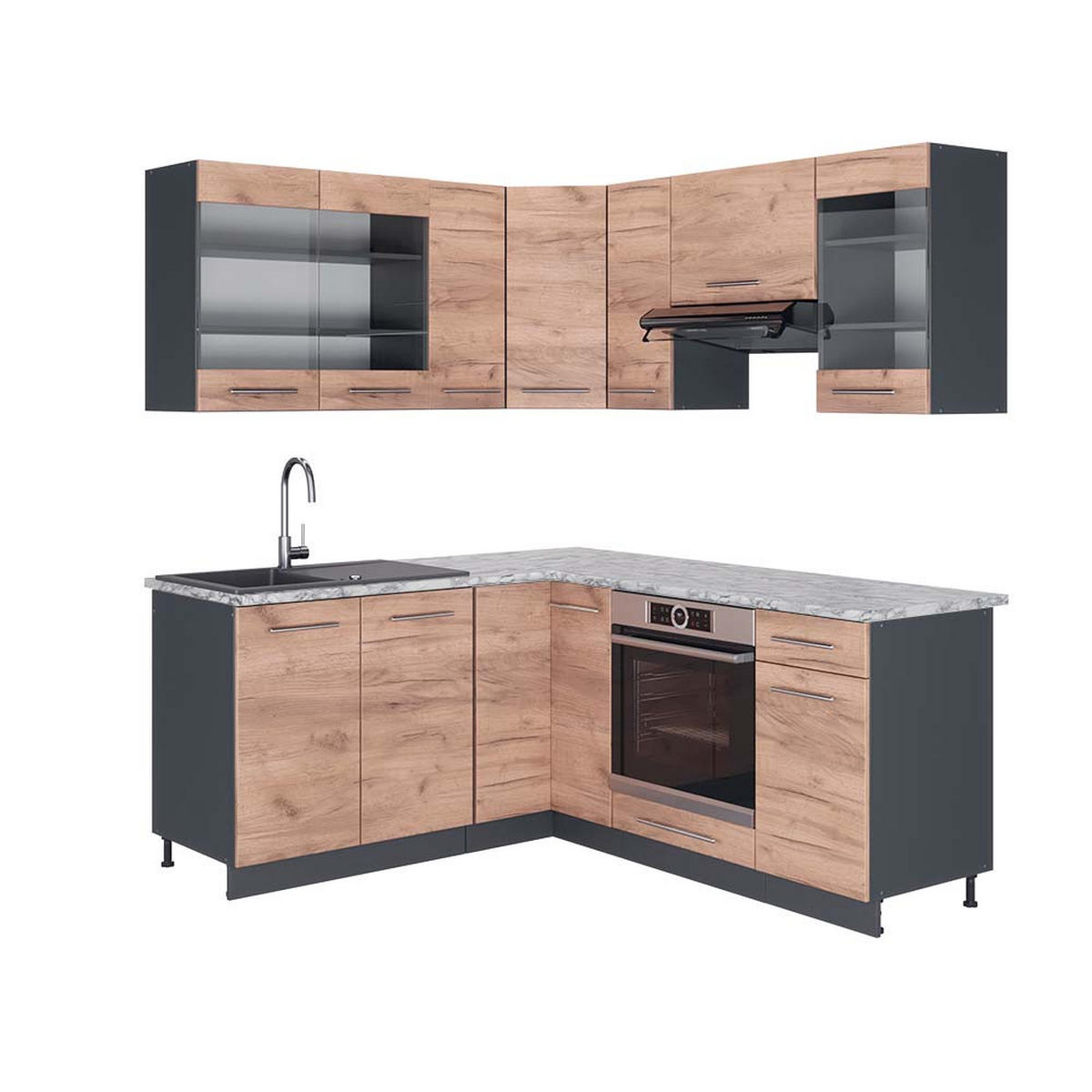 ECKKÜCHE Fame-Line Goldkraft Eiche/Anthrazit 160 x 190 cm, AP Marmor - Anthrazit/Eiche Wotan, Holzwerkstoff (190/81.6/60cm) - Vicco