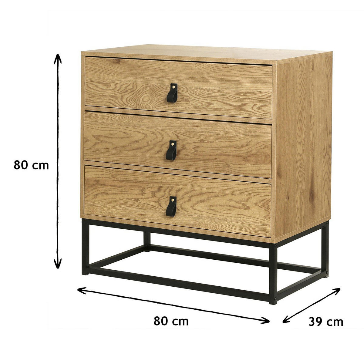 KOMMODE in Eiche-Dekor mit 3 Schubladen und Metallgestell - Eichefarben, Holzwerkstoff (39/79.5/80cm) - Calicosy