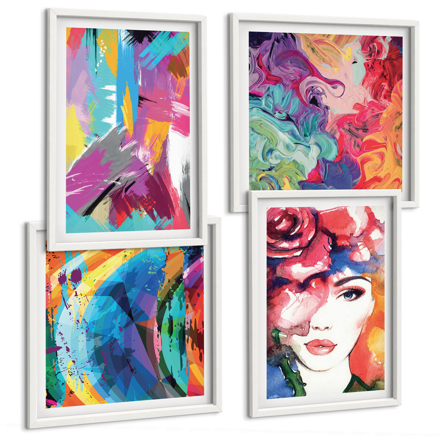 BILDER SET 4er Set - 50x50 cm & 40x60 cm Weißer Rahmen - Farbenfrohes abstraktes Porträt - Weiß, Kunststoff (50/50cm) - TULUP