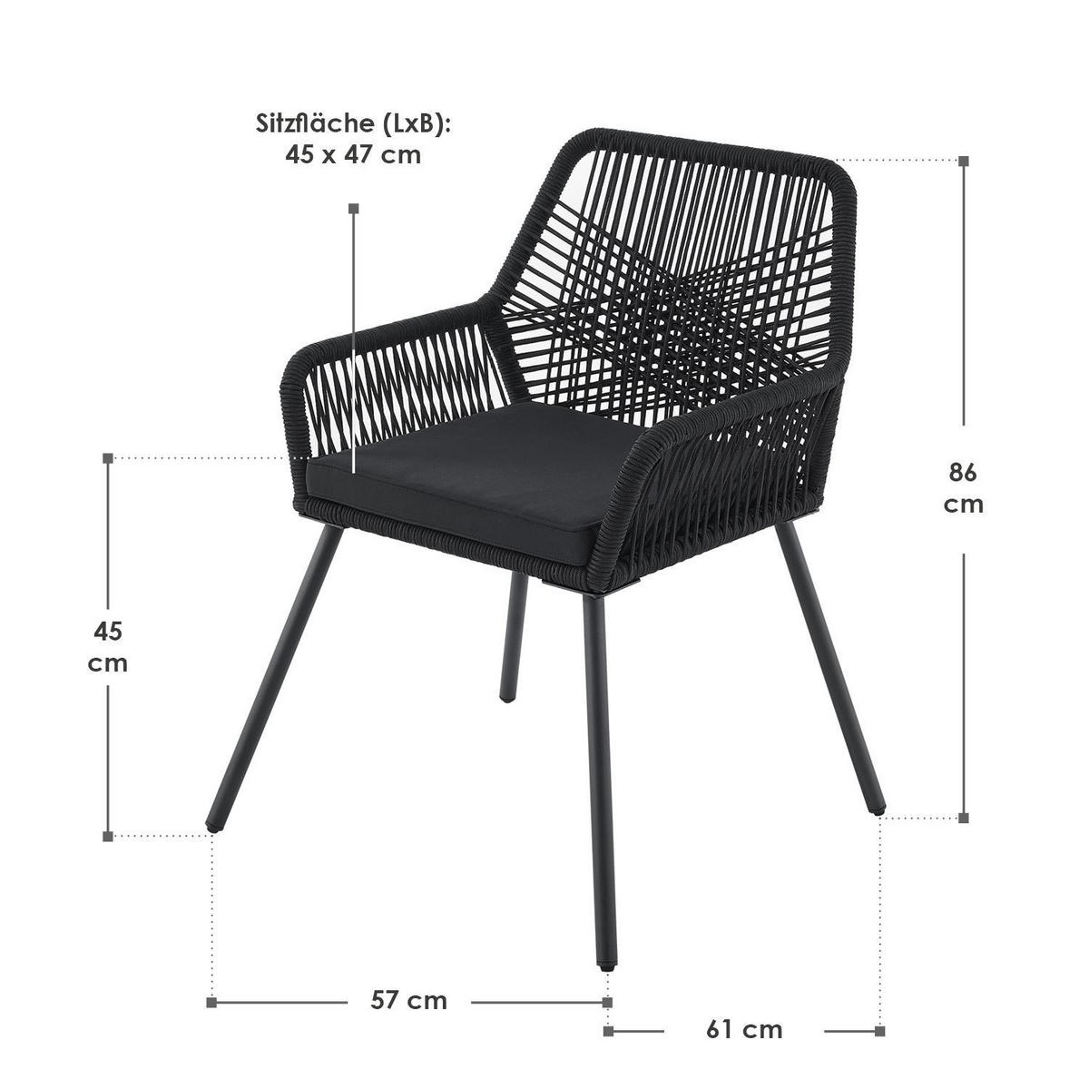 GARTENSTÜHLE Rope Kastos schwarz (2er-Set) - Schwarz, Metall (57/86/61cm) - Juskys