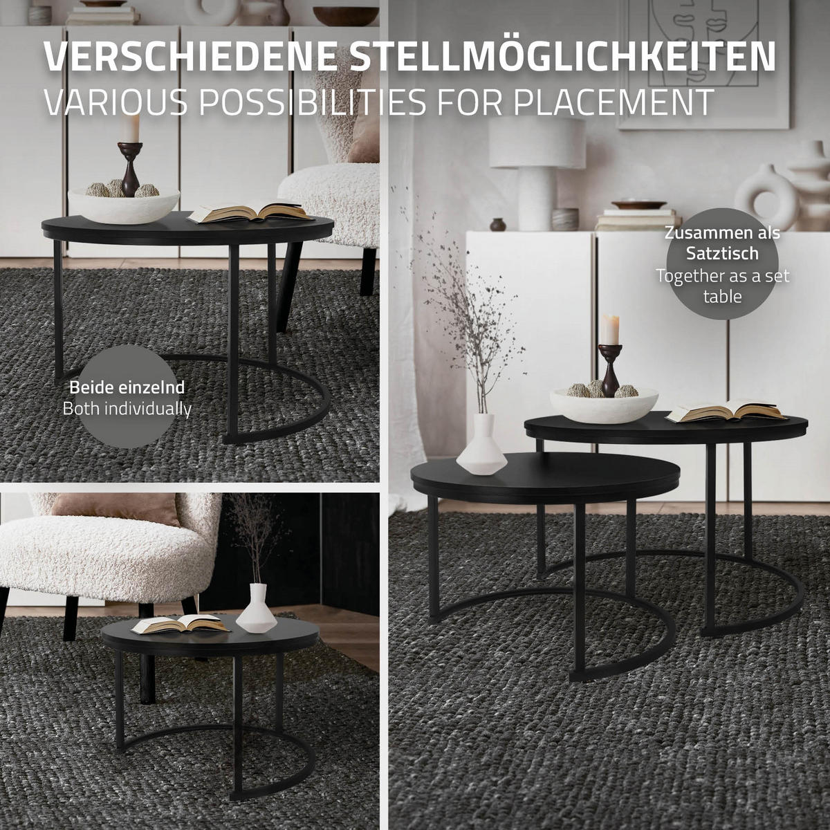 COUCHTISCH rund Schwarz 74/74/48-59/59/40 cm 2er Set - Schwarz Hochglanz, Metall (74/48/74cm) - ML-DESIGN