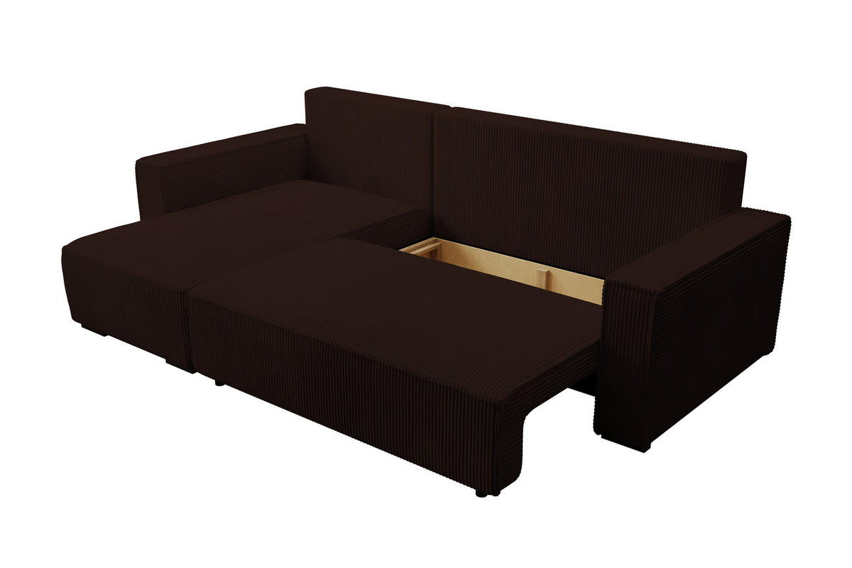 ECKSOFA CUDDY L, Eckcouch in L-Form mit Schlaffunktion und Bettkasten, Farbe: Dunkelbraun, Cordstoff, Ottomane Links - Dunkelbraun, Textil (240/140cm) - Storez24
