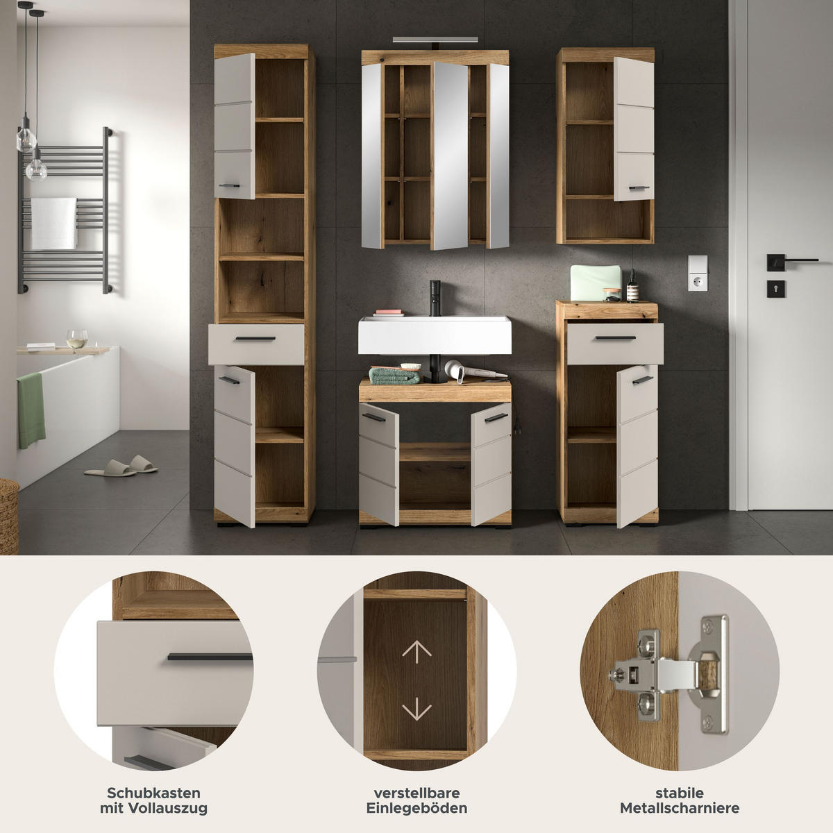 BAD-SET SCOUT 6-tlg. (B/H/T: ca. 164/191/34 cm) in Evoak Oak Nachbildung/- - Eichefarben, Holz (164/191/34cm)