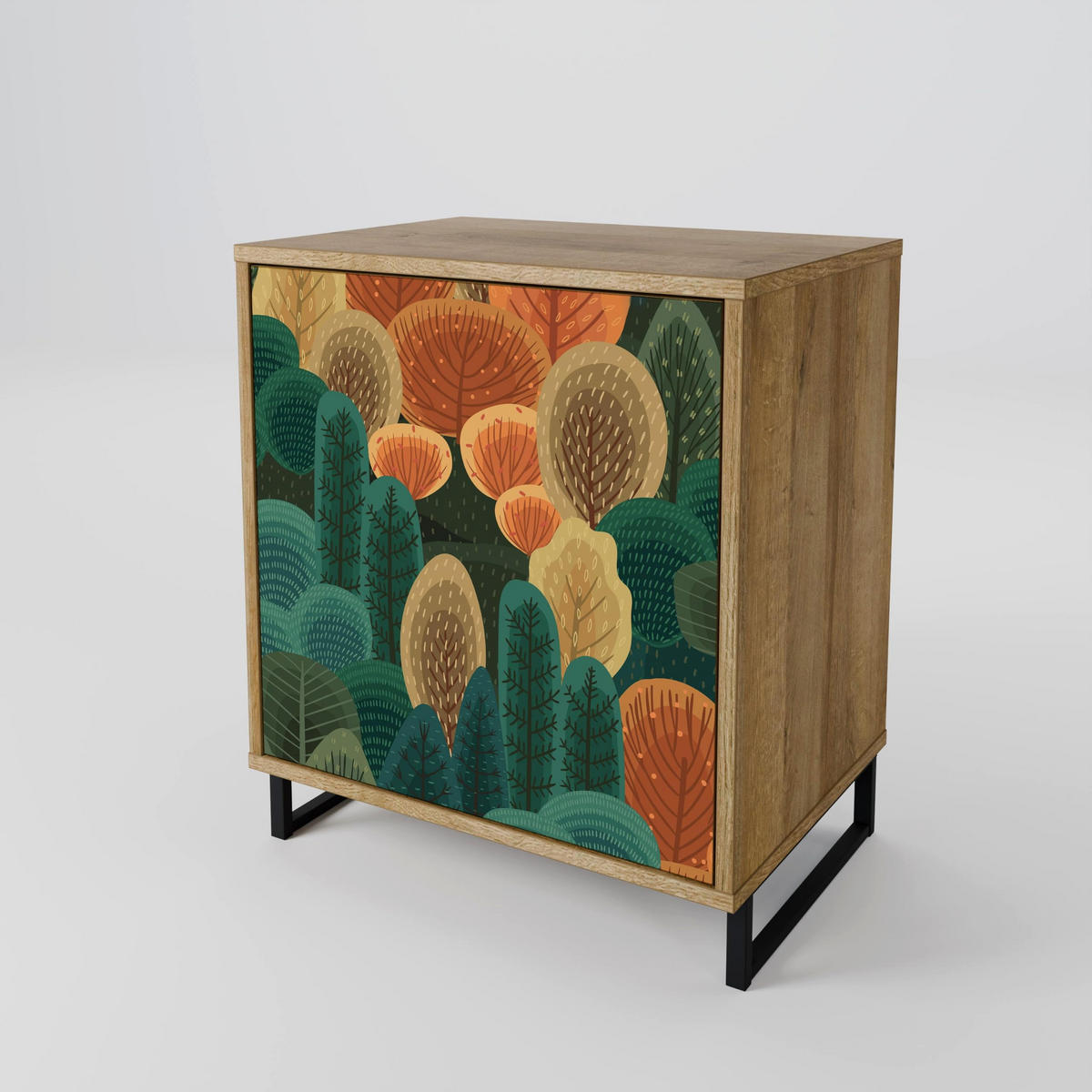 SIDEBOARD AUTUMN KALEIDOSCOPE, Eichefarben, 57,5x42x70,5 cm, Schwarze Metall-Sternfüße - Eichefarben/Multicolor, Holzwerkstoff/Metall (57.5/70.5/42cm) - SpaceRebels