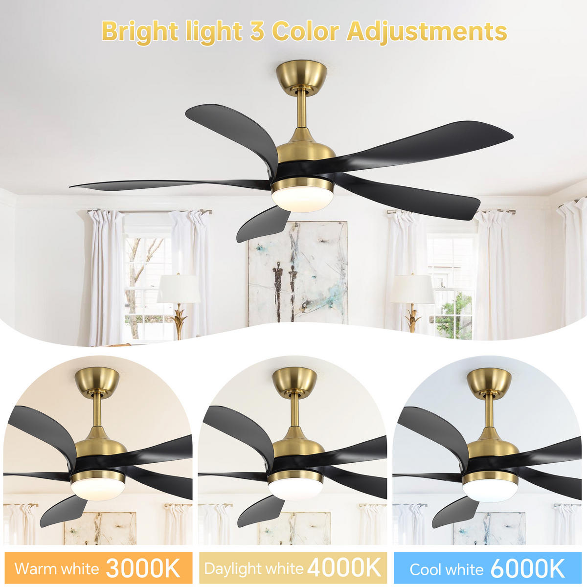 DECKENVENTILATOR 52Zoll LED Licht Dimmbar DC Motor 5 ABS Flügel - Schwarz, Kunststoff (132.08/132.08/26.8cm) - CASIVA