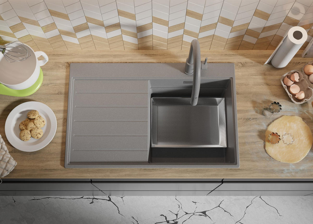 SPÜLBECKEN Sydney, 2-er set Grau 78/50 cm 1 Becken + Ablauf-Set + Küchenzubehörset ab 45er Unterschrank - Chromfarben/Beige, Kunststoff (78/20/50cm) - Primagran