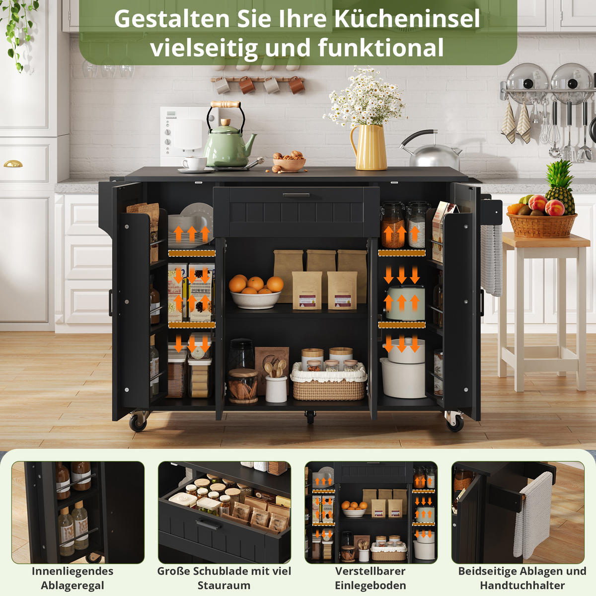 KÜCHENINSEL 120/45(70)/95 cm schwarz mit klappbarer Arbeitsplatte und Rollen - Schwarz, Holzwerkstoff (120/95/70cm) - OKWISH