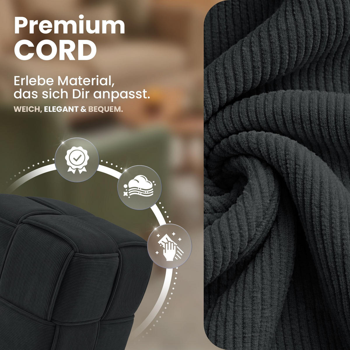 SITZWÜRFEL eckig 40/40/40 cm Cord Dunkelgrau - Dunkelgrau, Kunststoff/Textil (40/40/40cm) - CLP