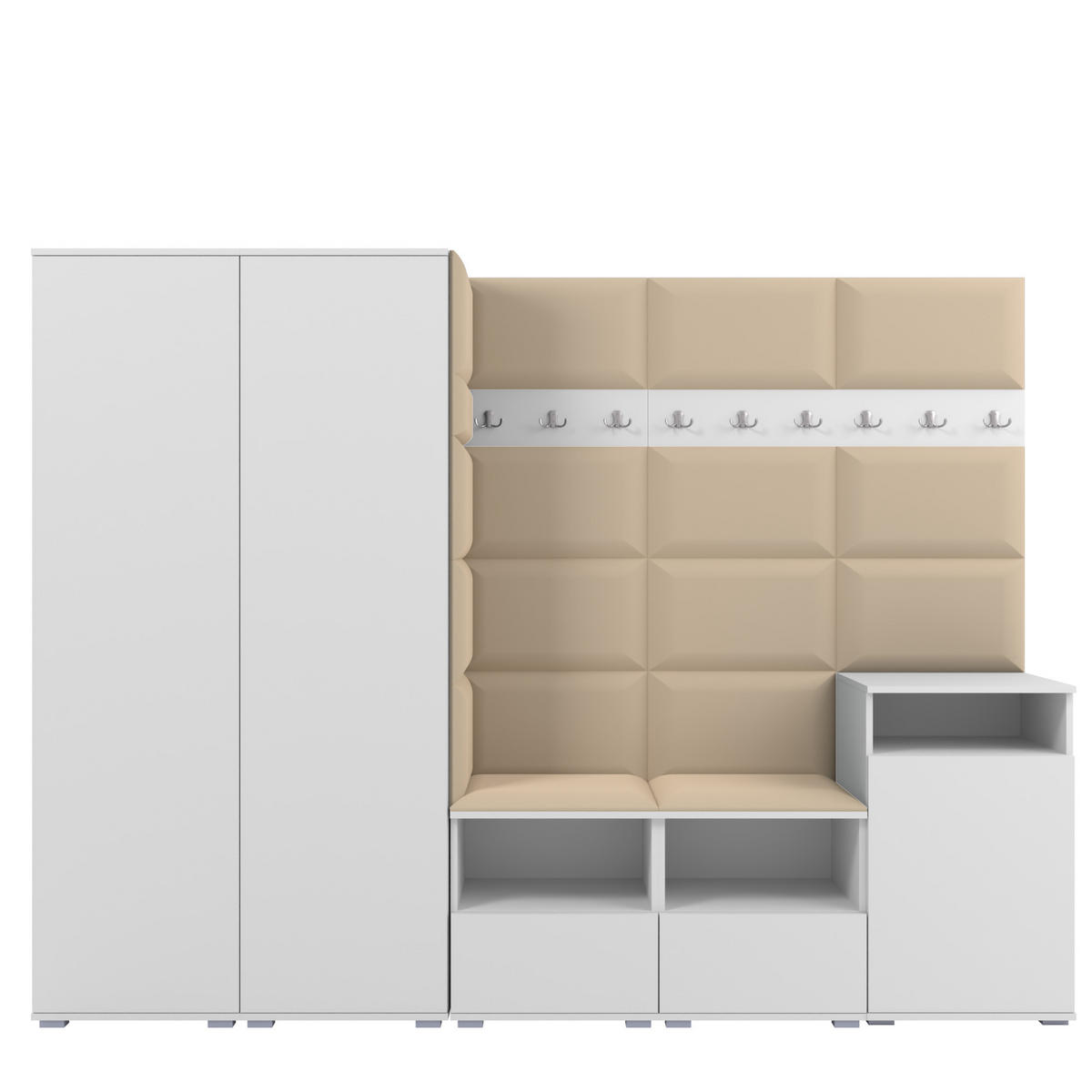 GARDEROBE NELA VIII 250 cm (Modulare Flurmöbel Weiß mit Sitzpolster Beige 04 2 Schränke + Sideboard) - Beige/Silberfarben, Holz/Holzwerkstoff (250/187/40cm) - Ravio