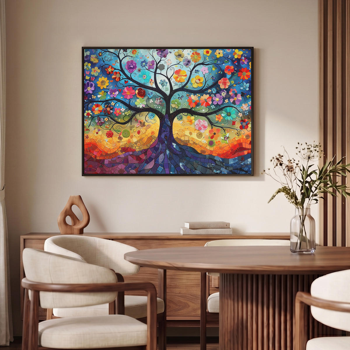LEINWAND Bilder mit Rahmen - Kunst - Baum des Lebens - Blumen - Hippie - 100x70 - Dunkelblau, Textil (100/70cm) - MuchoWow