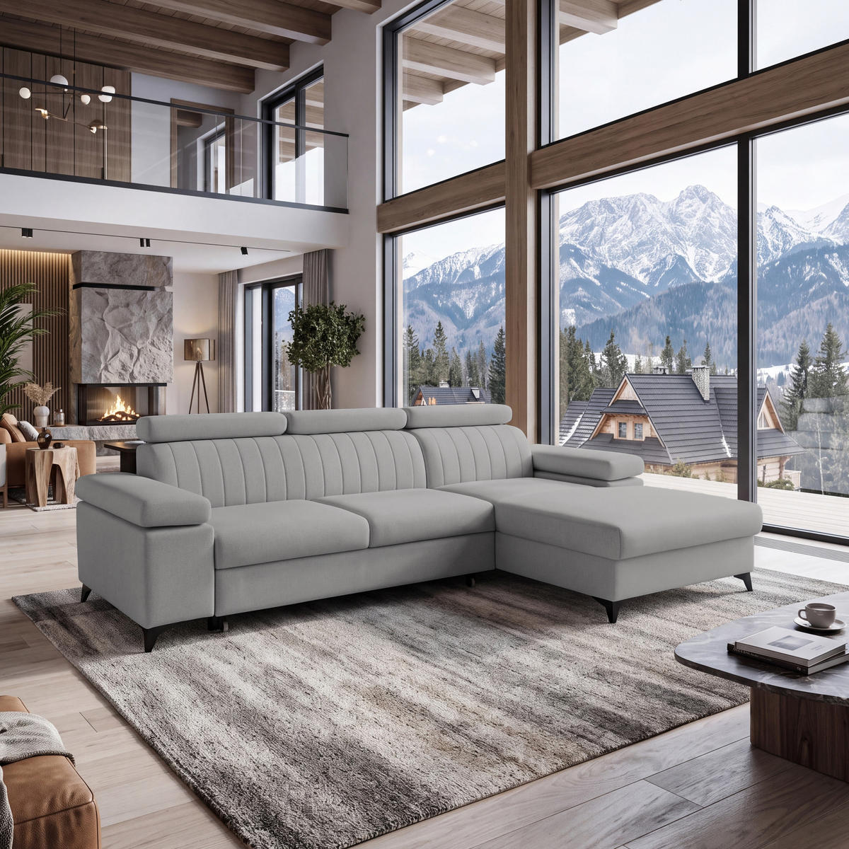 ECKSOFA FELIX L Rechts mit Schlaffunktion Velours Grau - Schwarz/Grau, Holz/Textil (176/257cm) - Muffo