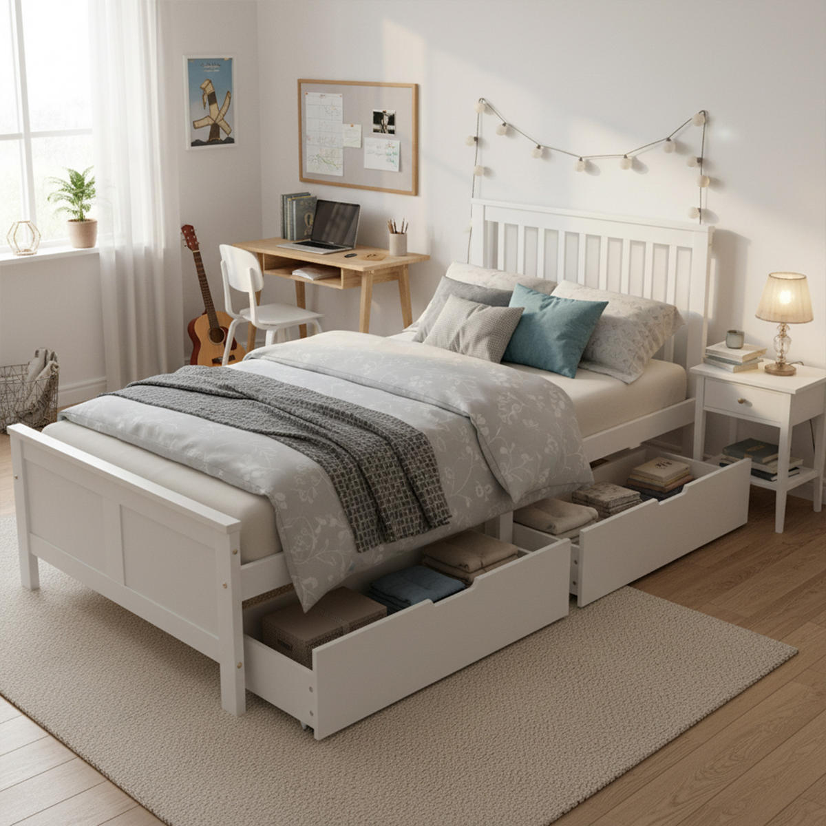 BETT 90x200 cm Holz Schubladen weiß - Weiß, Holz (90/200cm) - LEBENLANG