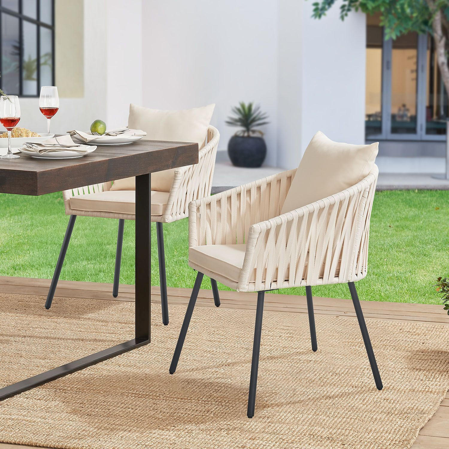 GARTENSTUHL Rope beige inkl. Kissen (2er-Set) - Beige, Metall (58/80/58cm) - Juskys