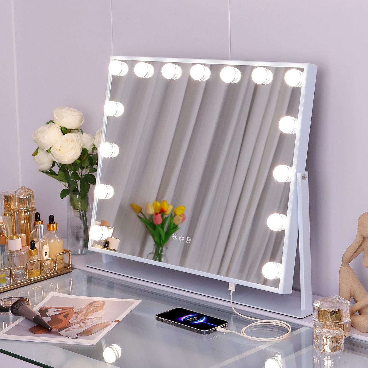 SCHMINKSPIEGEL mit LED-Beleuchtung drehbar weiß 58/46 cm - Weiß, Metall (58/46/3cm) - VANITII