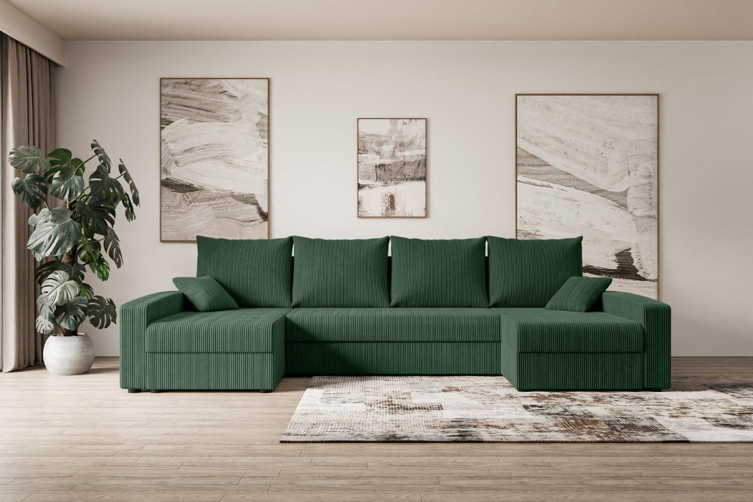 WOHNLANDSCHAFT mit Schlaffunktion und Bettkasten ALESIA-U 301x140x90 cm Grün Cord - Silberfarben/Grün, Holzwerkstoff/Kunststoff (301/90/140cm) - ALTDECOR