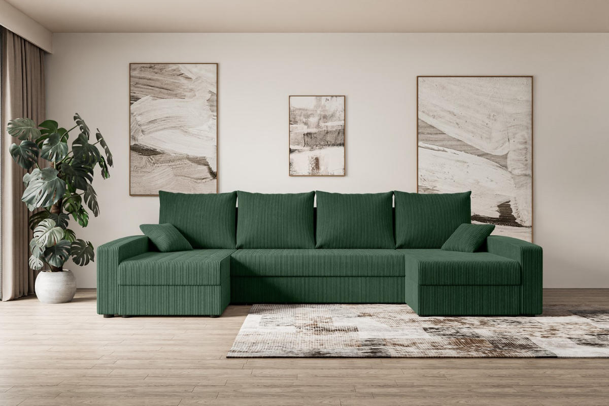 WOHNLANDSCHAFT mit Schlaffunktion und Bettkasten ALESIA-U 301x140x90 cm Grün Cord - Silberfarben/Grün, Holzwerkstoff/Kunststoff (301/90/140cm) - ALTDECOR