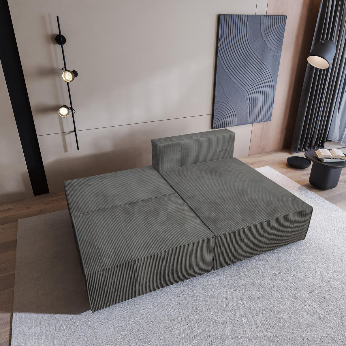 ECKSOFA FIORO P Grau Kordstoff mit Schlaffunktion - Grau, Holz (204/148cm) - MASSENO