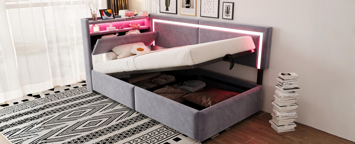 POLSTERBETT 90/200 cm Hellgrau aus Samt mit Stauraum und LED-Beleuchtung - Hellgrau, Textil (90/200cm) - OKMYHOME