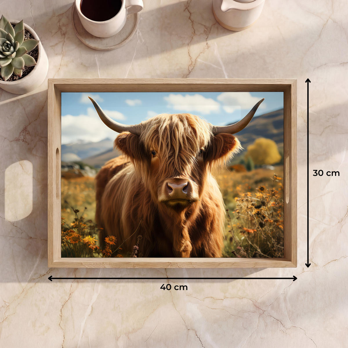 SERVÍROVACÍ PODNOS Skotský horal - Květiny - Rohy - Mraky 40x30 cm - hnědá, dřevo (40/5/5cm) - OnlyWow