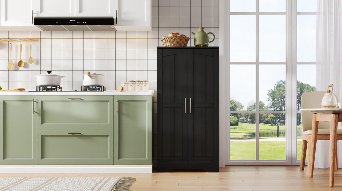 MODERNER Hochschrank aus MDF mit 3D-Wellentüren, LED-Sensorlicht und verstellbaren Regalböden, 120/60/40 cm, Schwarz - Schwarz, Holzwerkstoff (60/120/40cm) - Redom