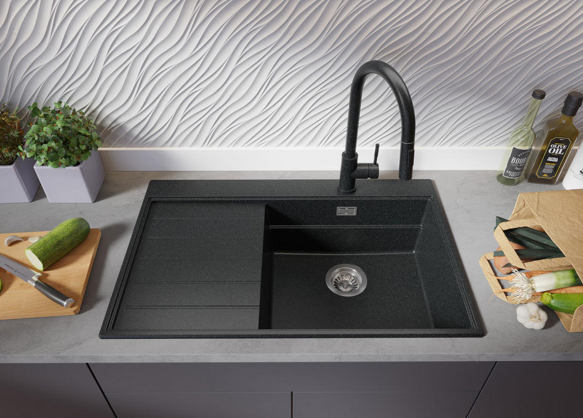 SPÜLBECKEN Sydney, 2-er set Anthrazit 78/50 cm 1 Becken + Ablauf-Set + Küchenzubehörset ab 50er Unterschrank - Chromfarben/Anthrazit, Kunststoff (78/20/50cm) - Primagran