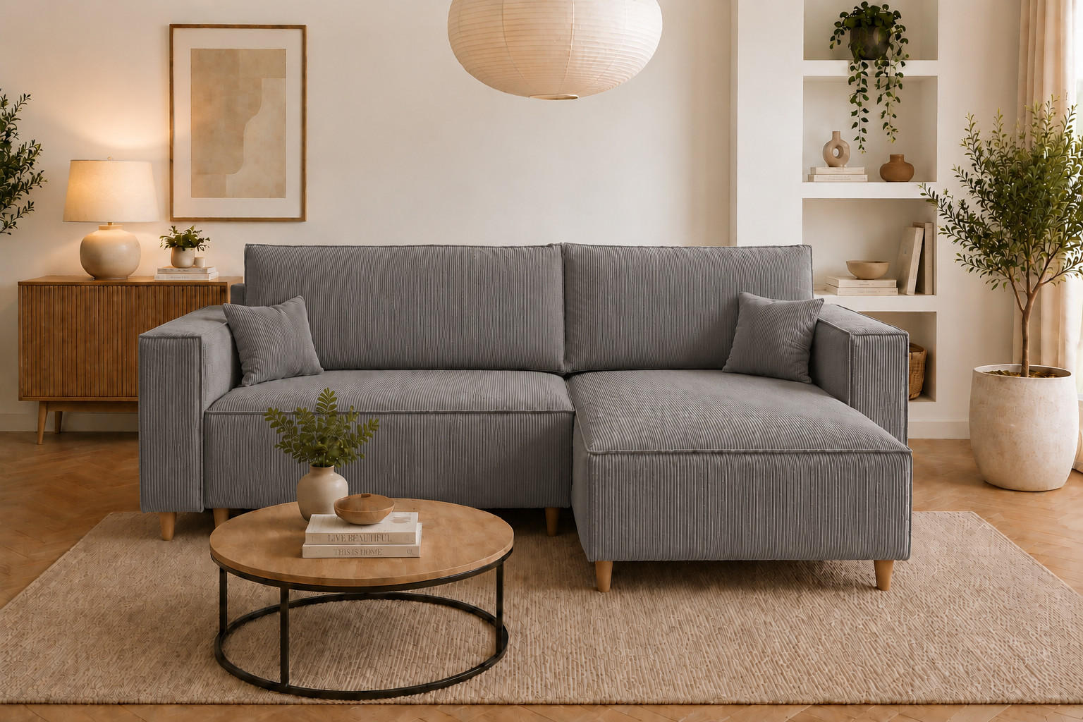 ECKSOFA mit Schlaffunktion und Bettkasten Rio, Ecksofa Cordstoff Grau, Ottomane Universal, 249x142 cm - Grau, Textil (249/142cm) - Marpur