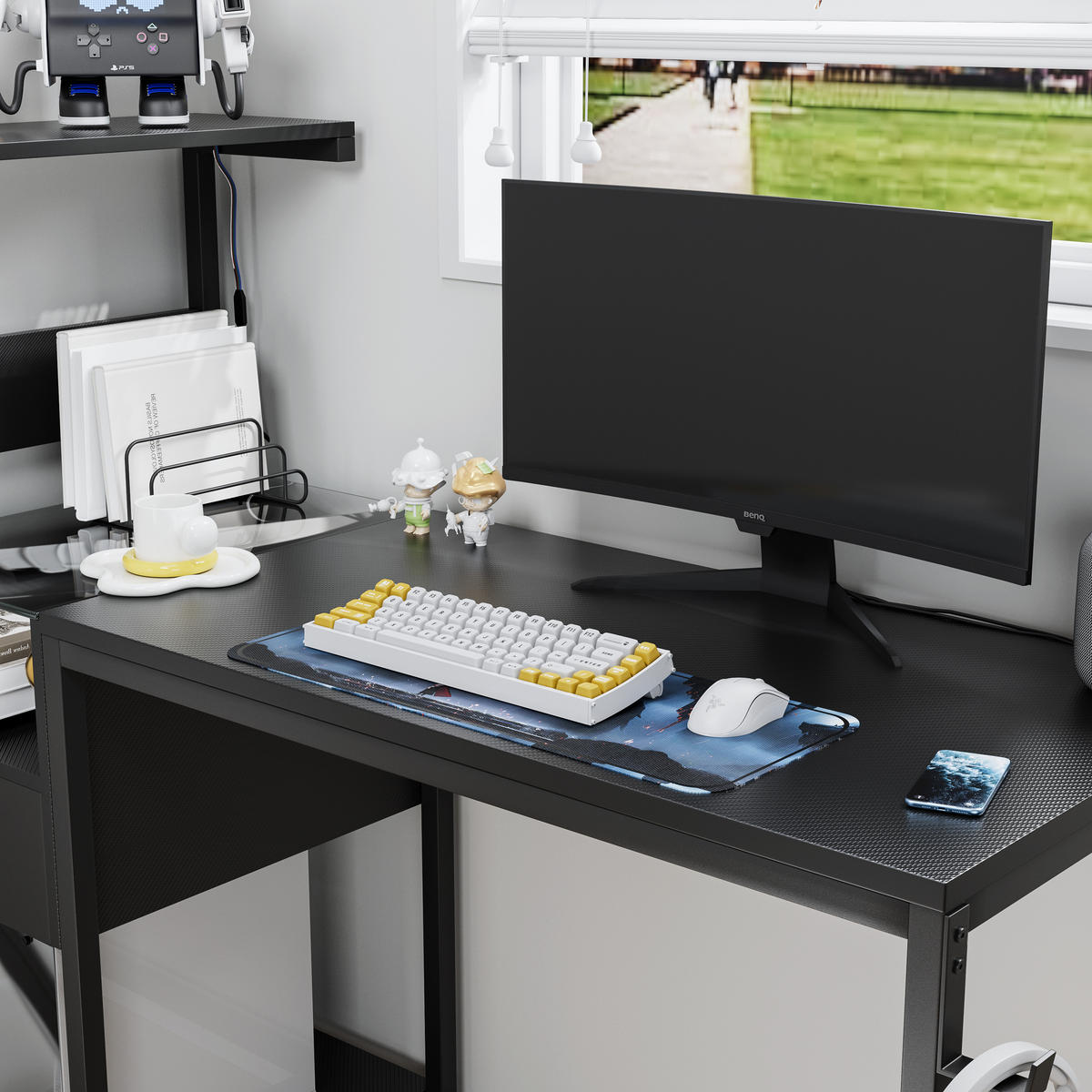 COMPUTERTISCH Schwarz 122/51/110 cm mit Stromanschluss USB LED-Beleuchtung und Regal - Schwarz, Metall (50/122/115cm) - PANGIVO